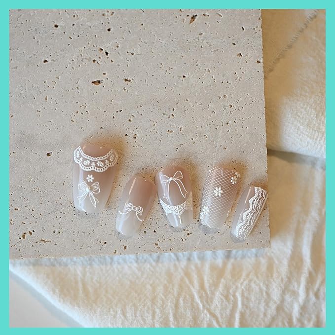 White Bow Lace Nail Art Stickers 5D Embossed Pearl Nail Decals for Nail Art Design Self-Adhesive Nail Accessories for Women Nail Art Supplies 3 Sheets