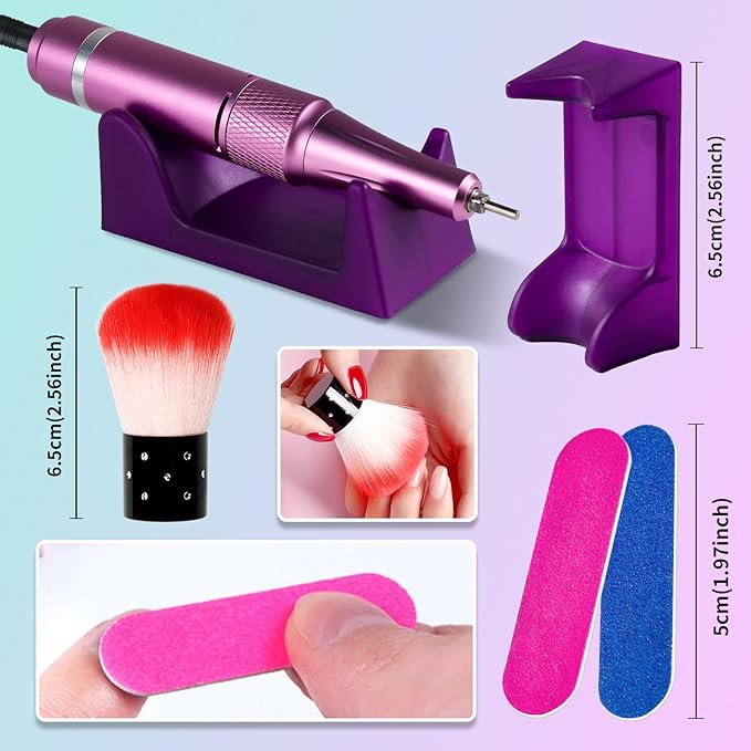 Professional Electric Nail Drill Kit 35000RPM with 14PCS Bits Purple Green Portable Rechargeable Cordless File Machine for Acrylic Gel Powder Nails and Manicure Pedicure Toenail Tool Salon Set