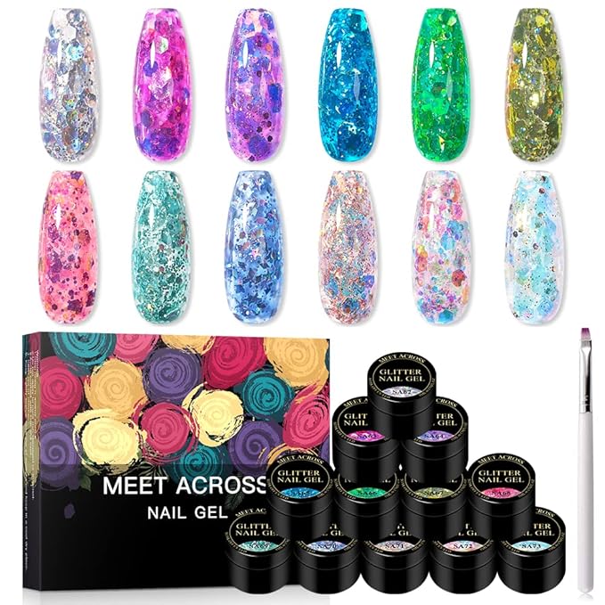 MEET ACROSS 12 Colors Glitter Gel Nail Polish Set Big Sequins Gel Polish Kit with 1Pc Nail Brush, Sparkly Shiny Gel Nail Polish for Home DIY Manicure Nail Salon