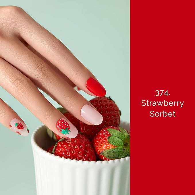 Semi Cured Gel Nail Strips - NAILOG 20 Pcs Red Strawberry Nail Stickers Extra Long Wraps with Glossy Gel Finishing for Spring, Strawberry Sorbet