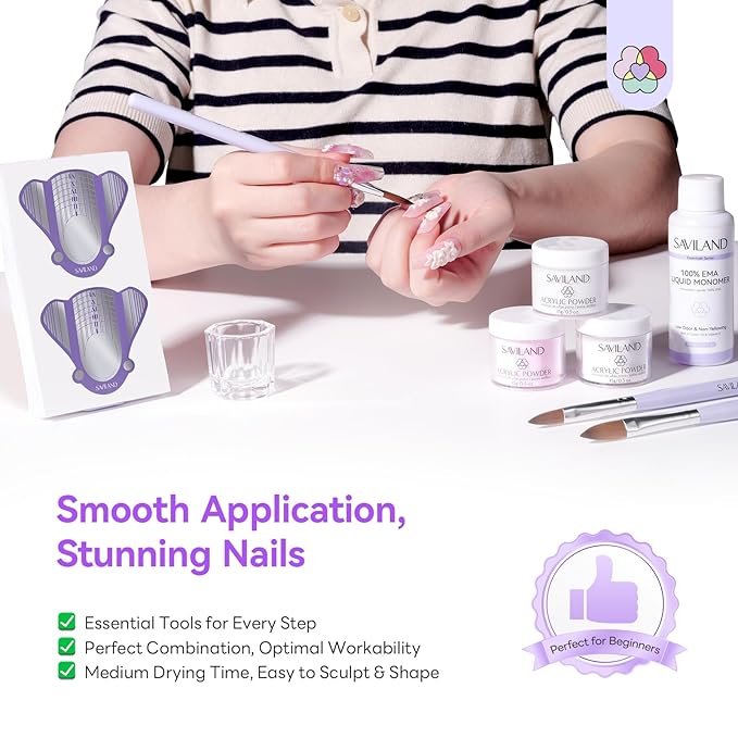 SAVILAND Acrylic Nail Kit for Beginners: 15g Clear White Pink Acrylic Nail Powder and Liquid Set with Size 8,10,14 Brushes, Forms & Tools for Extensions, 3D Sculpting, DIY Salon Manicure Supplies
