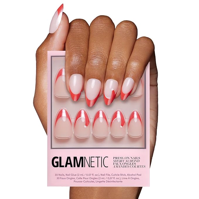 Glamnetic Press On Nails – Mrs. Claus | Short Almond Fake Nails Semi-Transparent Red French Tip Santa Hat Design, Glazed Finish, Salon Quality Holiday Nails | 15 Sizes, 30 Nail Kit