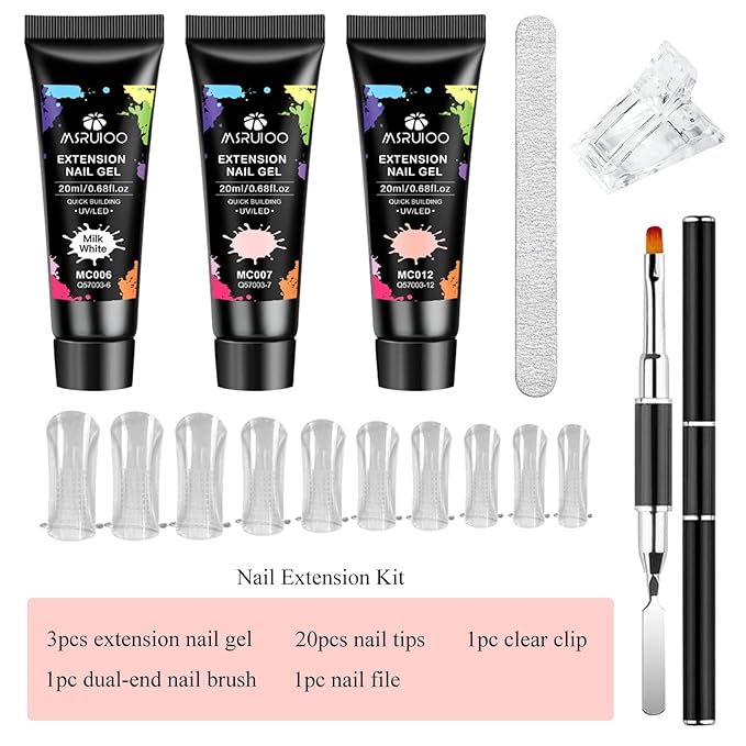 Poly Extension Gel Nail Kit, White Nude Pink Builder Enhancement Nail Gel with Dual-Ended Brush, Nail Dual Forms for Polygel Nail Art Salon DIY at Home Beginner Kit