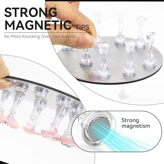Nail Stands for Press On Nails Painting Display Practice, Powerful Magnetic Nail Tip Holders for Diy Design, Heart Nail Art Stand with 200 PCS Double-Sided Tapes Home Salon Use (Silver)