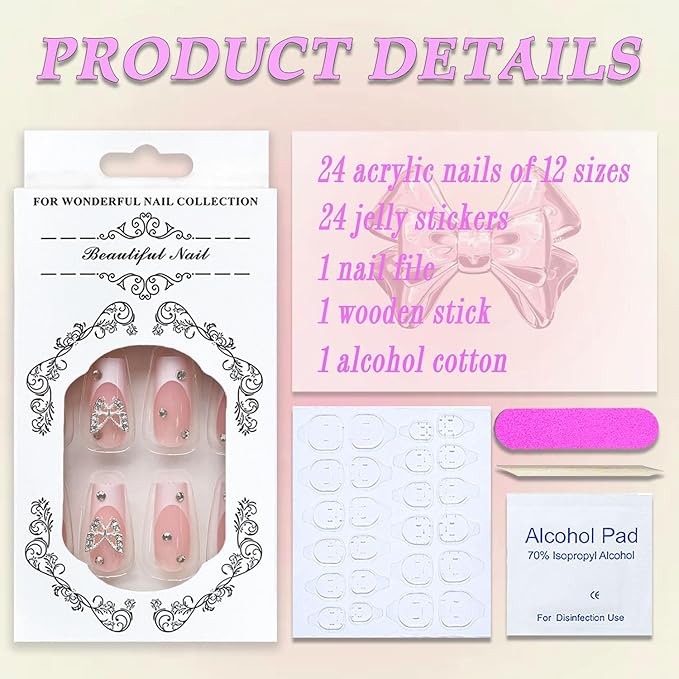 Press on Nails Medium Square MABKJLF French Tip Fake Nails Full Cover Pink False Nails with Butterfly Rhinestones Designs Glossy Glue on Nails Artificial Acrylic Nails for Women Girls 24 Pcs