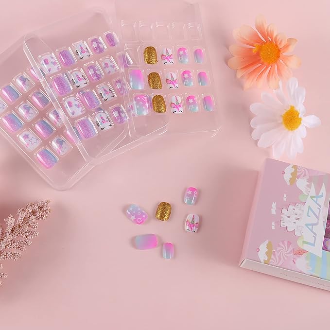 Laza 60pcs Children Nails Press On Pre-glue Full Cover Glitter Gradient Color Rainbow Sparkling Star Unicorn Shell Short False Nail Kits for Kids Teenager Girls - Purple Unicorn