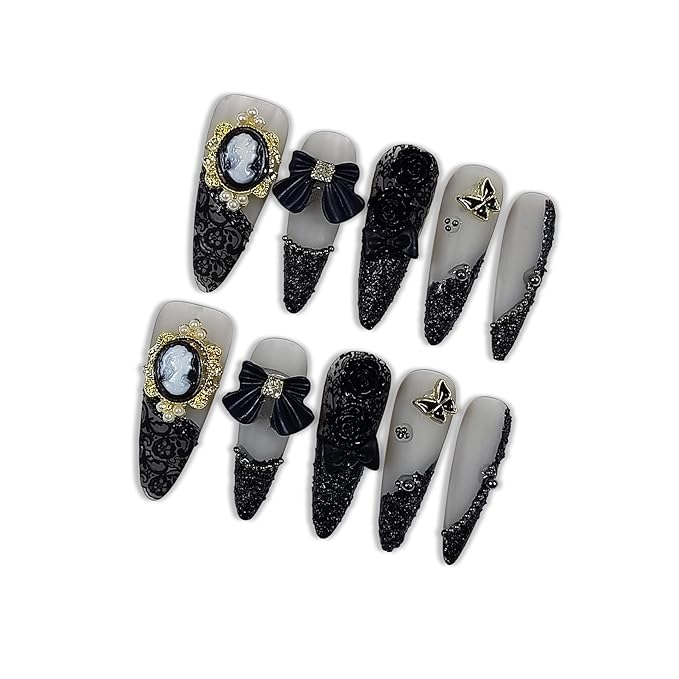 Gothic Press on Nails, Long Stiletto Matte Nails, Baroque Cameo & 3D Camellia Design Salon Quality, Reusable Nails with Bow Steel Beads Accents, Dark Princess Style for Women(Size M)