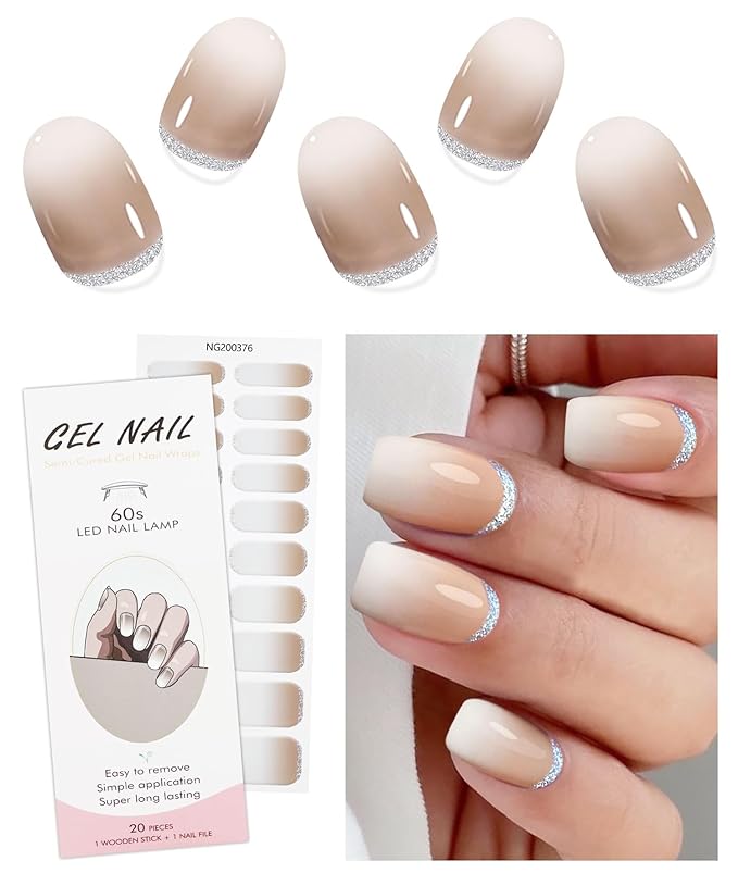 JMEOWIO Gel Nail Stickers Glitter White Solid Color Semi Cured Gel Nail Strips Wraps UV/LED Nail Supplies Nail Art Design Decoration Accessories