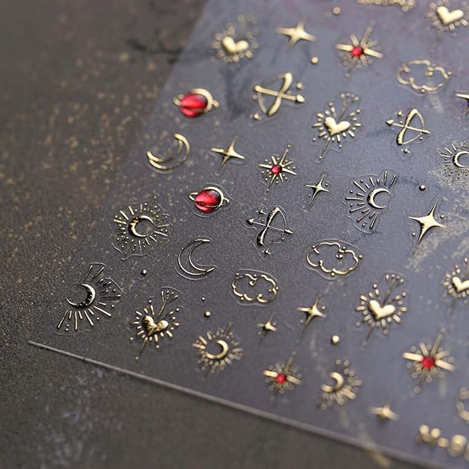 5D Embossed Nail Stickers Gold Star Nail Art Stickers Heart Nail Decals Self-Adhesive Nail Art for Women Moon Sun Nail Manicure Decoration