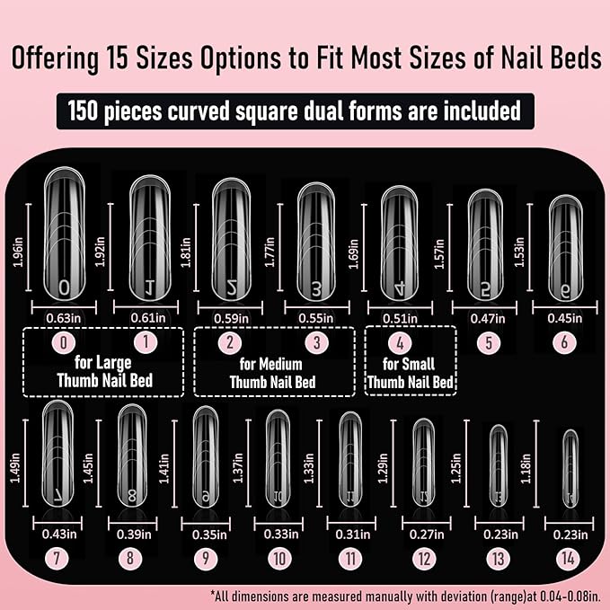 Curved Dual Forms for Polygel, Square Poly Gel Nails Forms for Nail Extension with Guide Lines Inside, Reusable Acrylic Nail Molds with French Guidelines for Builder Gel,15 Sizes 150Pcs