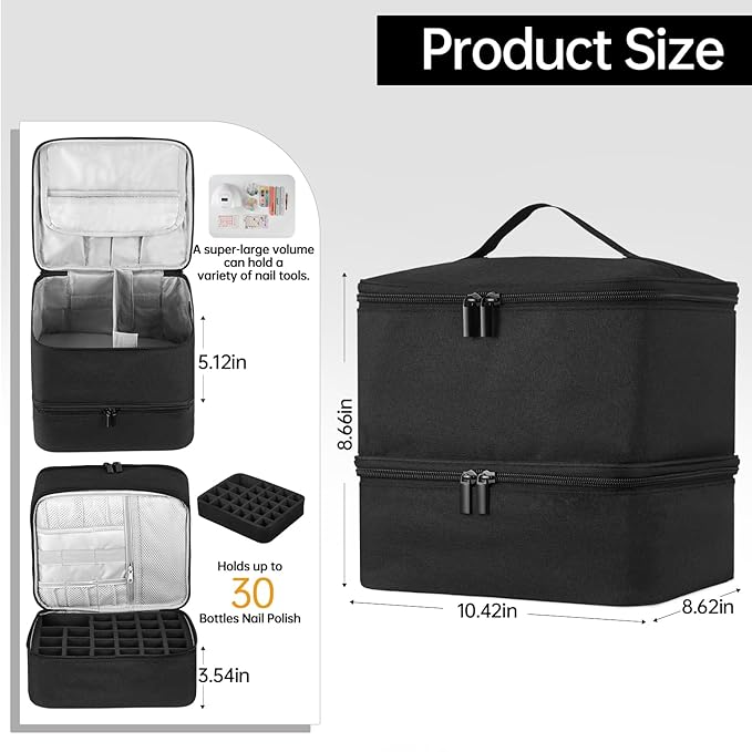 Buruis Double-Layer Nail Polish Organizer Bag, Holds 27 Bottles (15ML/0.5 FL.OZ or Larger), Nail Tools & Dryer Storage Case with Adjustable Dividers (Black)