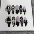 Glam Punk Press on Nails Stiletto Almond Long,3D Heart Rhinestones&Metal Chains Designs,Black Glitter Purple Chrome Nails with Full Cover Micro Gems,Y2K Edgy Girly Streetwear Nails,10pcs XS