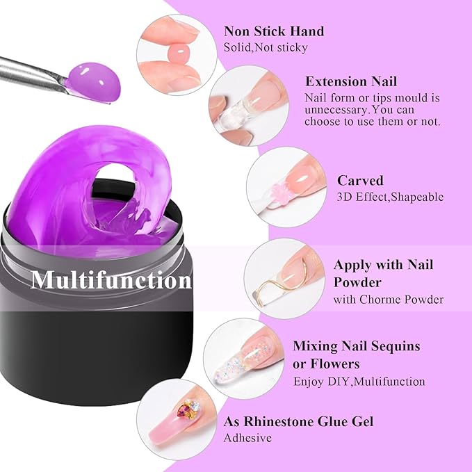 MEET ACROSS 9Pcs 3D Builder Gel Kit for Nail Art Hot Pink Orange Purple Non Sticky Hand Carving Extension Solid Builder Gel for Nails with Silicone Pen Manicure Kit 4 Colors