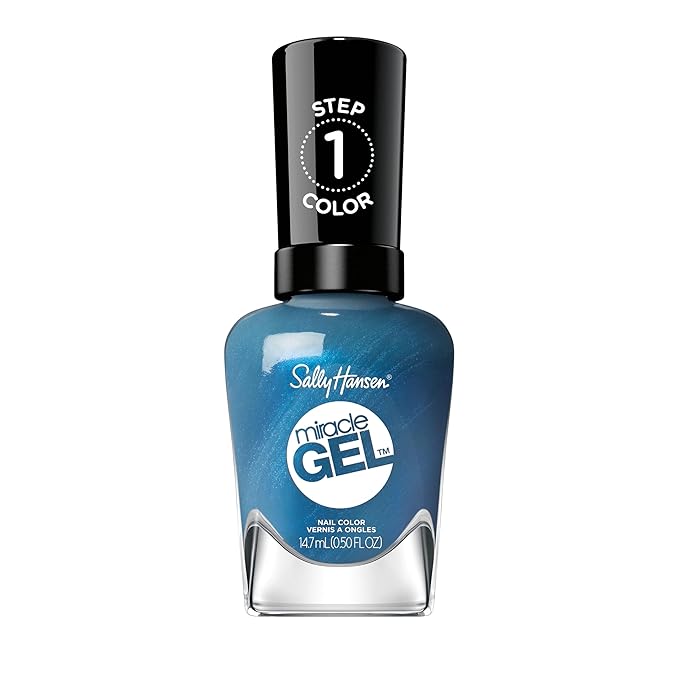 Sally Hansen Miracle Gel Wild at Heart Salon Quality Nail Polish | Gel-Like Formula, Two-Step System, No UV Light Needed, Long Lasting | Opaque, Shimmery | 644 Distressed Denim | Aqua Blue Nail Polish