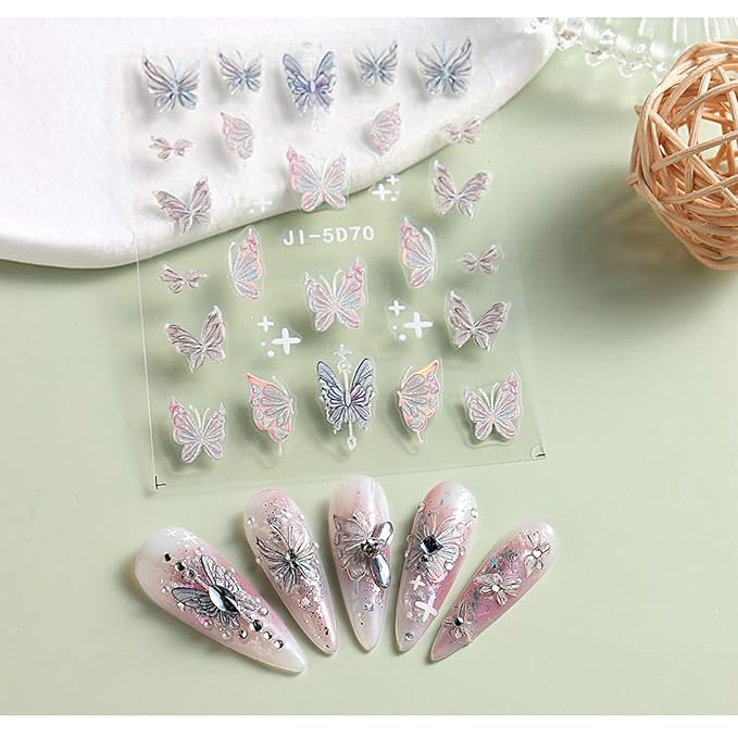 Nail Stickers, 5 Sheets Self-Adhesive Shiny Butterfly Nail Stickers for Nail Art, Diverse Floral Butterfly for Creative DIY Manicures