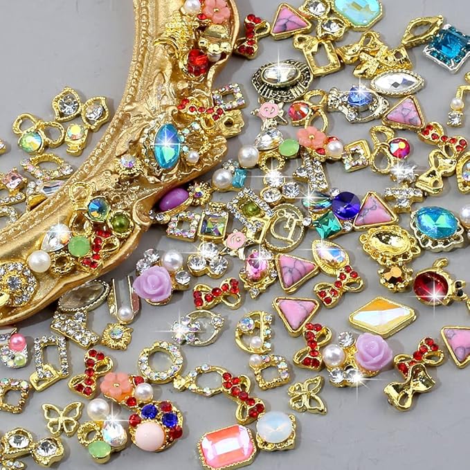 50pcs 3D Gold Nail Charms for Acrylic Nails Mix Styles Rhinestones for Nails Metal Nail Jewels for Nail Art Shiny Zircon Nail Rhinestones Alloy Nail Charm Pearl Nail Gems Cute Charms for Nails Design