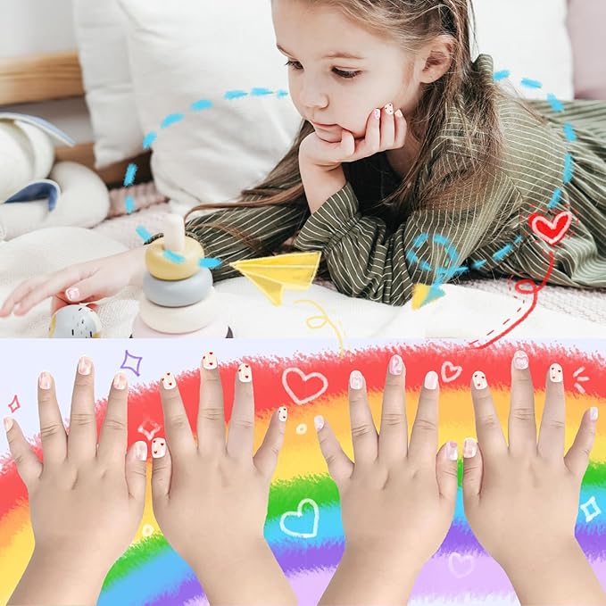 Laza 72pcs Children Nails Press On Pre-glue Full Cover Red Pink Heart Flower Short False Nail Kits for Kids Teenager Girls - French Love