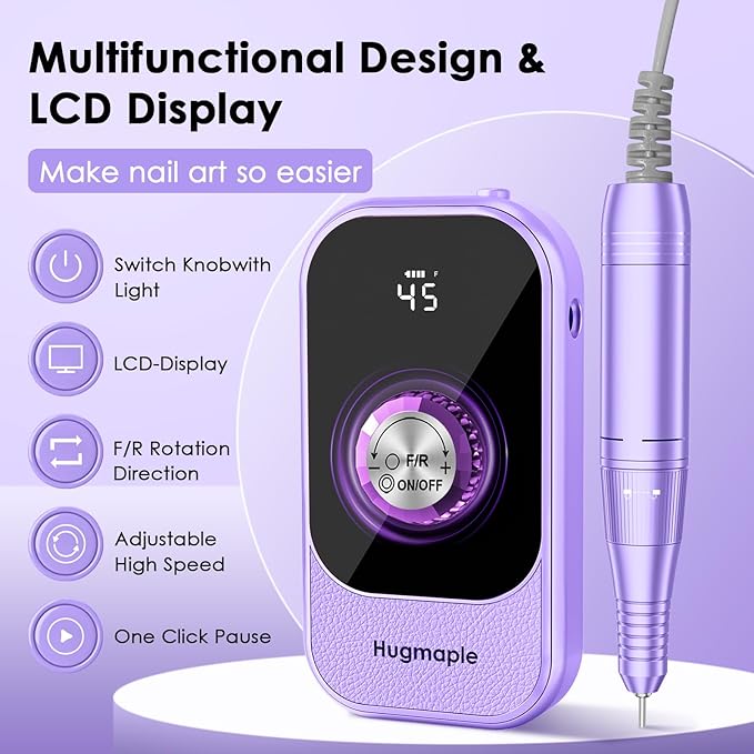 Professional Electric Nail Drill File, HUGMAPLE 45000RPM Portable E-File Machine with Bits & Base, Cordless Rechargeable Nail Drill Kit for Shaping, Removing & Polishing Gel Nails Salon Home (Purple)
