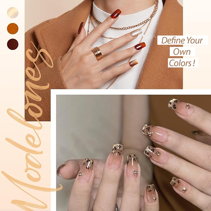 modelones Gel Nail Polish Set, 6 Colors Clear Blooming Nude Gold Glitter Cat Eye Gel Polish Amber Brown Jelly Maroon Black Nail Polish 2026 Leopard-Print Theme with Magnet & Liner Pen LED Mani Kit