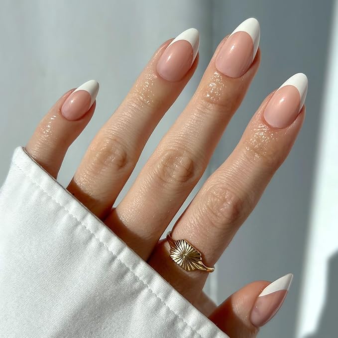 Glamnetic Press On Nails - MaDamn Fake Nails | French Tip Nails, UV Finish Short Pointed Almond Shape, Salon Quality Semi-Transparent Nails in 12 Sizes - 24 Nail Kit with Glue