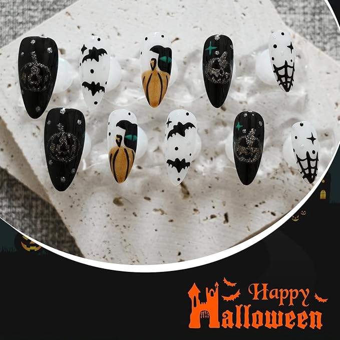 10pcs Almond Press on Nails - Halloween White Black False Nails with 3D Bat, Pumpkin & Cobweb Designs, Reusable Acrylic Press on Nails for Women (Spooky Vibes,S)