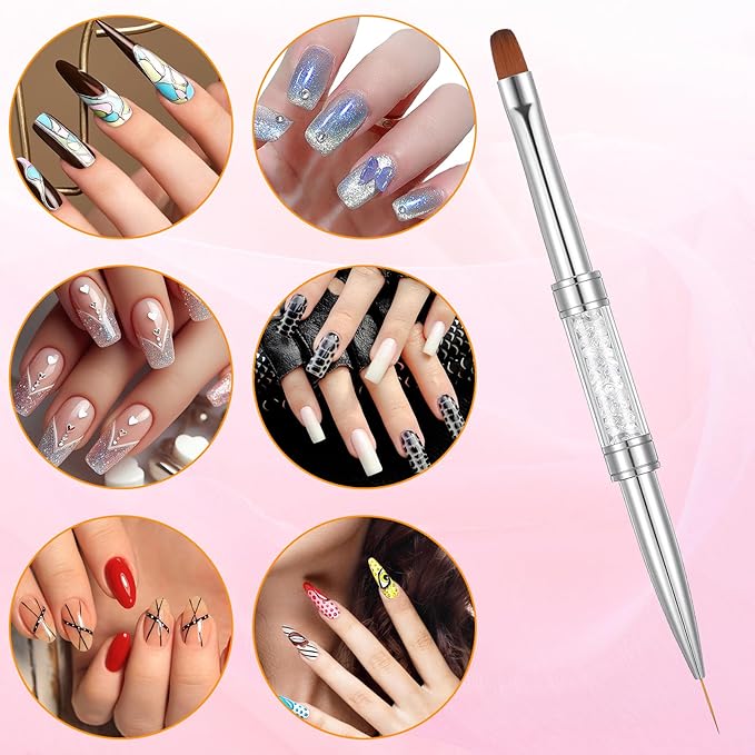 2Pcs Double Ended Nail Builder Gel Brush, Hard Gel French Tip Brushes, Brush Liner with Rhinestone Handle for Salon-Grade Nail Art Design Tool (White)