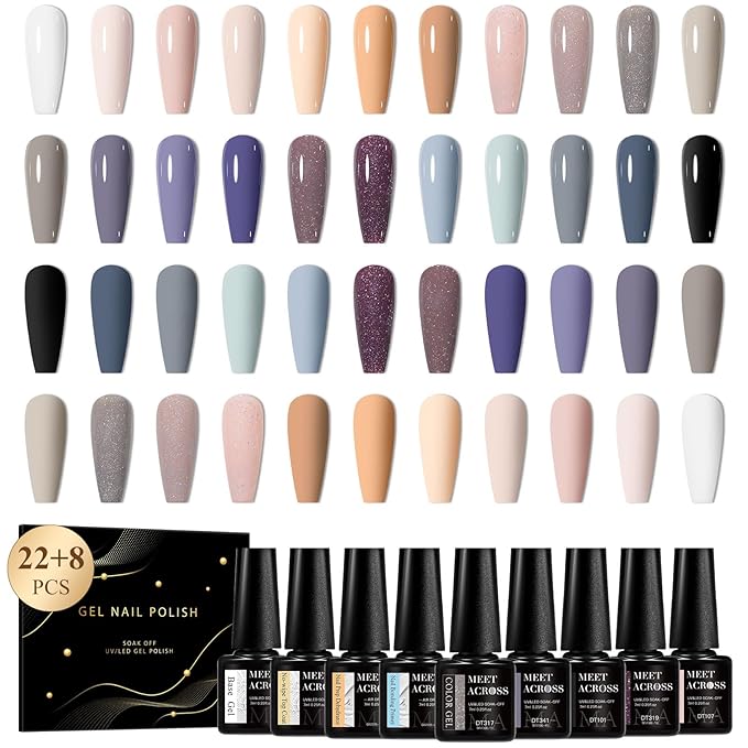 MEET ACROSS Nude Gel Nail Polish Kit 22 Colors Gel Polish Set Skin Tones Neutral Gray Purple Series Soak Off Uv Led Lamp Gel Nail Kit DIY Nail Art Salon Home Gift 30Pcs
