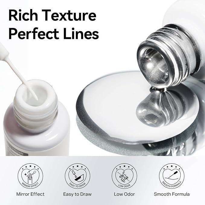 MIZHSE Gel Liner Nail Art, White and Metallic Silver Painting Gel Polish, Mirror Chrome Silver Classic White Glossy Drawing Line Stripe Swirls French Nail Design DIY Manicure Soak Off Nail Art