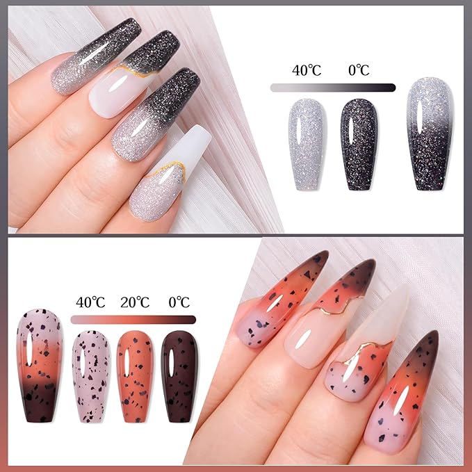 MEET ACROSS 12PCS Color Changing Gel Nail Polish Set Glitter Temperature Mood Changing Color Changed Gel Soak Off Nail Art Design Kit Manicure at Home DIY Special Gifts for Women Girls
