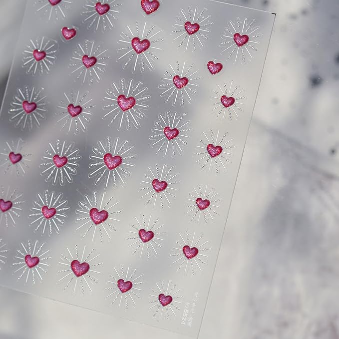 Valentines Nail Stickers for Nail Art Pink Heart Nail Art Stickers 5D Embossed Glitter Nail Decals Holiday Nail Design for Women Manicure DIY Decoration Accessories