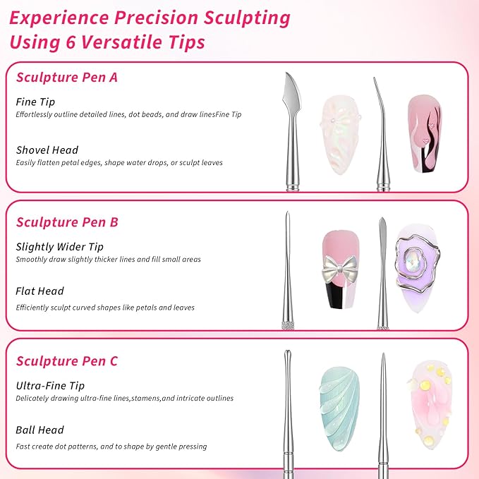3Pcs Sculpting Nail Tools for Nail Art, Dual-Head 3D Gel Advanced Nails Art Sculpture Pen, Nails Dotting Tool Fingernail Polish Design for Salon Home DIY