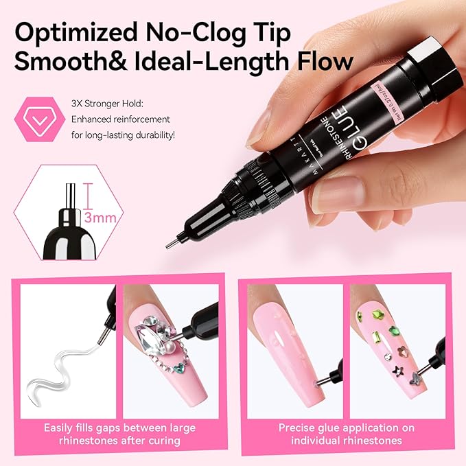 Makartt Nail Rhinestone Glue Gel-Upgrade Gel Nail Glue with Brush Pen Tip for Nail Charms Gems Super Strong Adhesive Precise for Nail Charms Crystals Rhinestone 3D Art Design Cured Need 8ml*4
