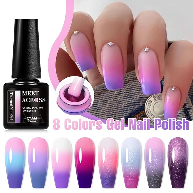MEET ACROSS 8Pcs Color Changing Gel Nail Polish Set Glitter Temperature Mood Changed Gel Polish Pink Purple Soak Off UV/LED Nail Art Design Kit Gifts for Women Girls