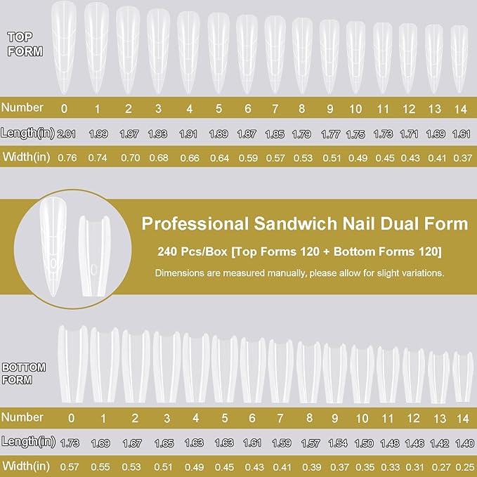 Sandwich Nails Dual Forms 240Pcs Long Almond Shape, Nail Extension Forms with 15 Sizes, Reusable Plastic Nail Mold for Builder Gel & Poly Gel, No Paper Forms Needed, Salon & Home DIY Nail Art