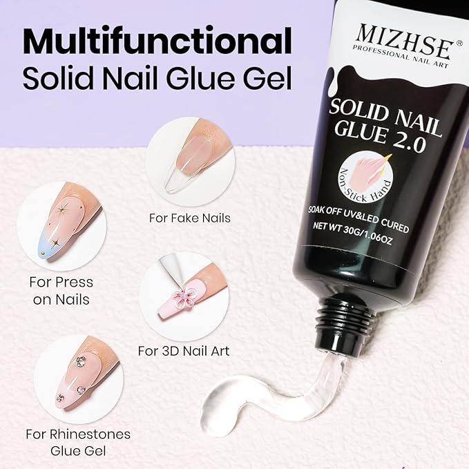 MIZHSE Solid Nail Glue, 30g Solid Nail Gel for Press on Nails, Super Strong Nail Gel Glue for Nail Tips, Acrylic Nails, Long Lasting Manicure DIY at Home, Cure Needed