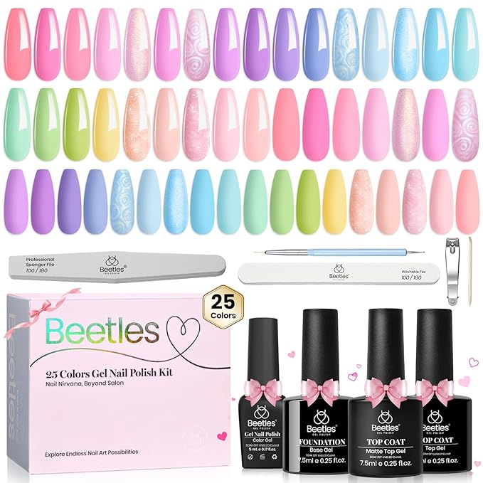 Beetles Spring Gel Nail Polish Set - Rainbow Dreamscape 25 Colors Gel Polish Kit with Base Coat&Top Coat Soak Off UV Led Nail Set Pastel Glitter Colors Nail Art Kit Easter Gifts for Women&Girls
