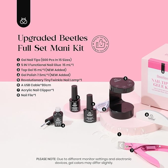 Beetles Nail Kit, 600Pcs Medium Almond Nail Tips with Milky White Gel Polish Top Coat, 15 Sizes Beetles Gel Soft Clear Press on Nails 5 In 1 Nail Glue Valentine Nail Extension Set for Women