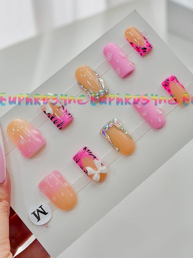 Y2K Press On Nails – 10pcs Pink Nude Ombre Fake Nails with Zebra Print, Leopard Design & Rhinestone Charms – Medium Square Cute Stick On Nails for Women and Teen Girls – Euphrosyne