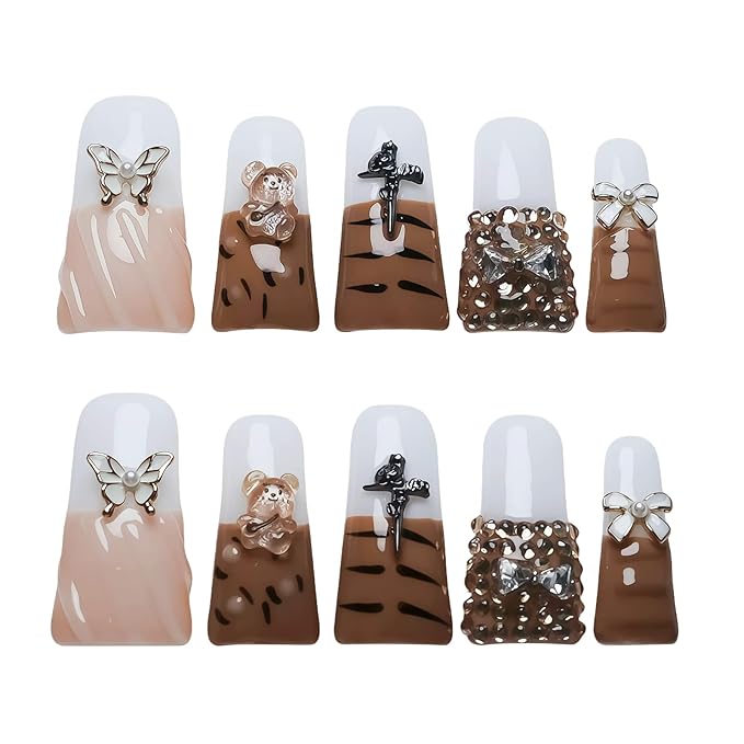 Duck Shaped Press on Nails Medium Handmade Fake Nails - French Tip Tiger Stripe Design with 3D Rhinestones Bow Charms Milk White Base False Nails (Diamond Tiger Pattern,S)