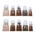Duck Shaped Press on Nails Medium Handmade Fake Nails - French Tip Tiger Stripe Design with 3D Rhinestones Bow Charms Milk White Base False Nails (Diamond Tiger Pattern,S)