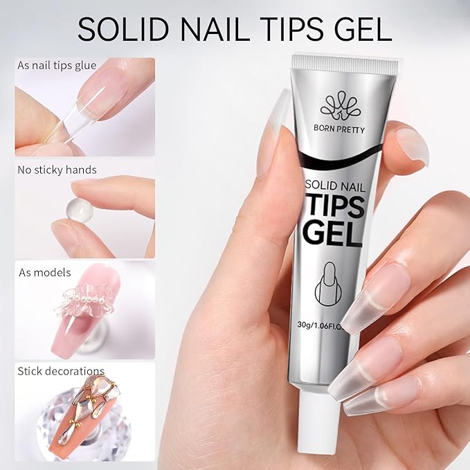 Born Pretty Solid Nail Tips Gel,30ml Soft Gel Nail Tips Glue, Nail Gel for Press On Nails, Super Strong Cured Needed Acrylic Nail Gel, Nails Tip U V Nail Extension Gel Nail Charm Glue