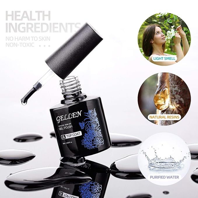 GELLEN Gel Top Coat and Base Coat, 2Pcs No Wipe Gel Nail Polish, Soak Off Nail Lamp Clear Base Top Coat Long Lasting Finish Nail Art Design Home Gel Manicure Kit
