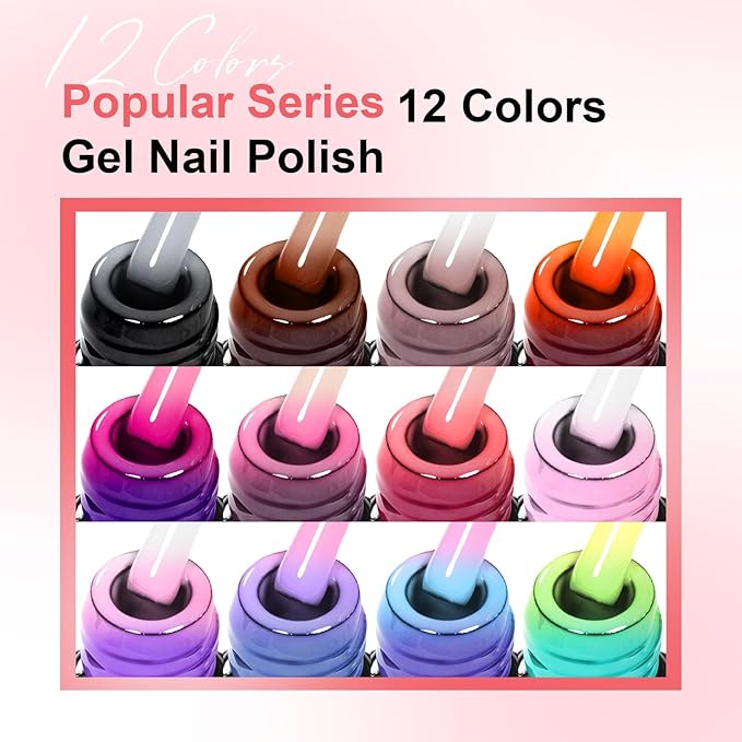 MEET ACROSS 12Pcs Color Changing Gel Nail Polish Set Nude Pink Purple Brown Temperature Mood Changed Nail Polish Gel DIY Salon Gift for Women
