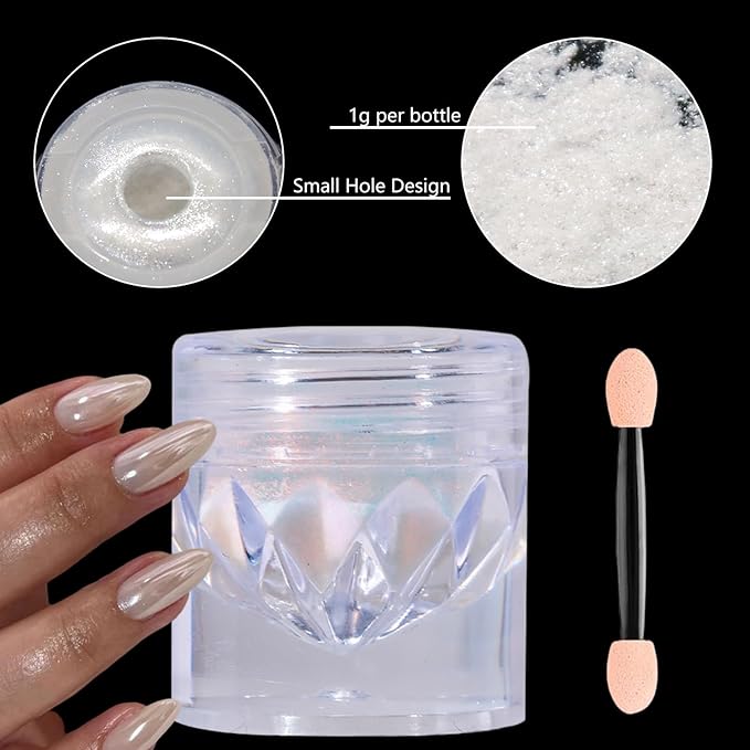 3 Jars White Pearl Chrome Powder for Nails, Moonlight Mirror Effect Aurora Glitter White Shimmer Pigment for Art Design
