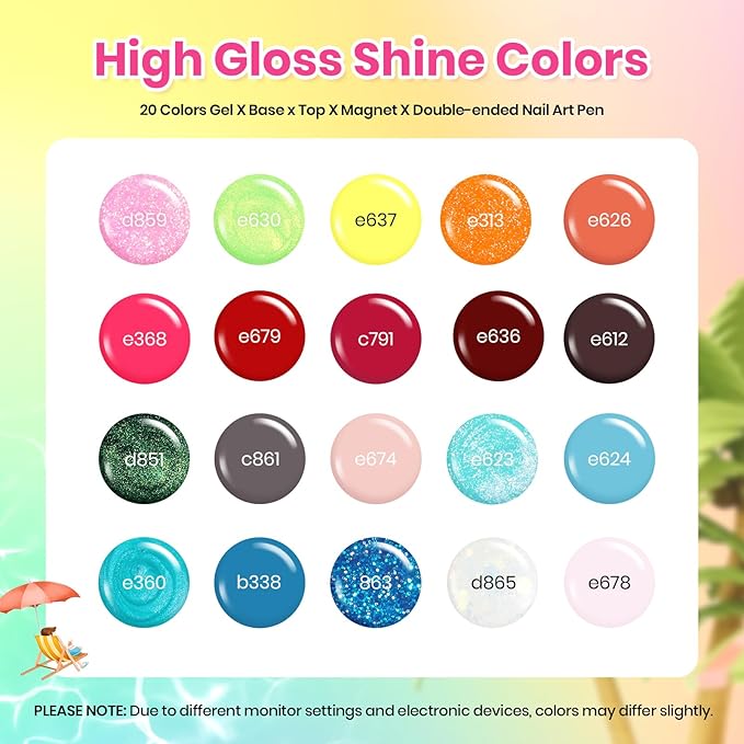 Beetles Gel Nail Polish Set - 20 Colors Gel Polish Pink Blue Green Yellow Pearl Color Gel with Base Glossy & Matte Top Coat Uv DIY Salon Manicure Kit Beach Bash Valentines Nails Gift for Women
