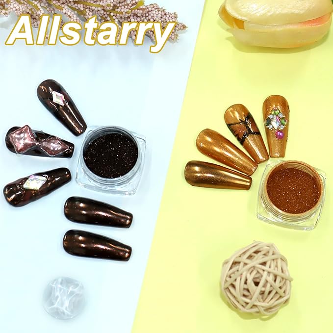 Allstarry Chrome Nail Powder 2pcs Metallic Mirror Effect Dust Glitter Glazed Manicure Decoration Reflective Pigment for Gel Polish Nail Art Decoration Resin Craft, Festivals - Coffee Brown