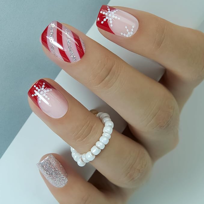 CurvLife Press On Nails – 30Pcs Soft Gel Fake Nails, Reusable Glue On Nail Kit with Adhesive Tabs, Natural Fit & Salon-Quality for Women & Girls (Christmas Candy Cane)