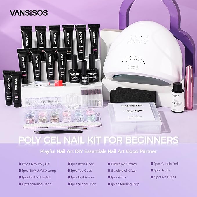 Poly Nail Gel Complete Kit: 12 Colors Poly Nail Gel Kit with U V Light Slip Solution with Base & Top Coat Extension Full Kit for Beginners DIY at Home or Professional Salon