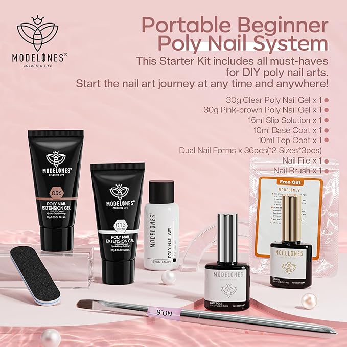 Modelones Poly Nail Gel Kit 30ml 2PCS Clear Brown Colors with Slip Solution Extension Builder Enhancement Professional Starter Kit Nail Technician Manicure DIY