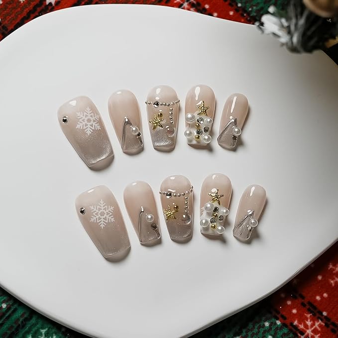 Cat Eye Press on Nails Handmade Short Square - Snowflake & Luxe Tree Light Design with 3D Pearl Gold Star, Winter False Nails for Women Girls (Holiday Cateye,S)